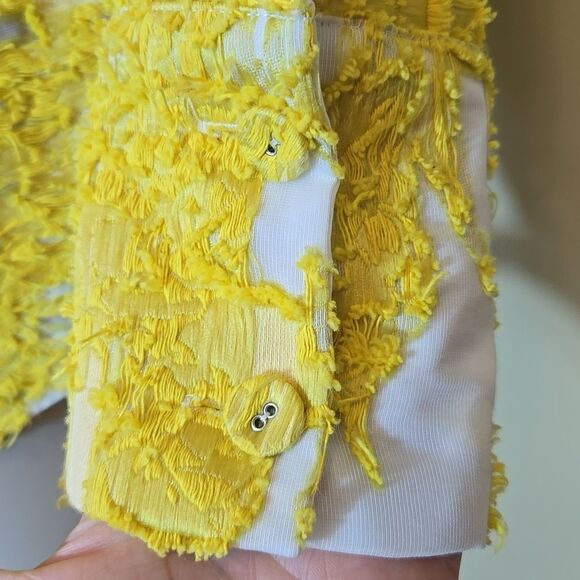 Self Portrait Yellow Floral Fil Coupe Asymetric Mesh Ruffled Top Off Shoulder - Picture 12 of 16